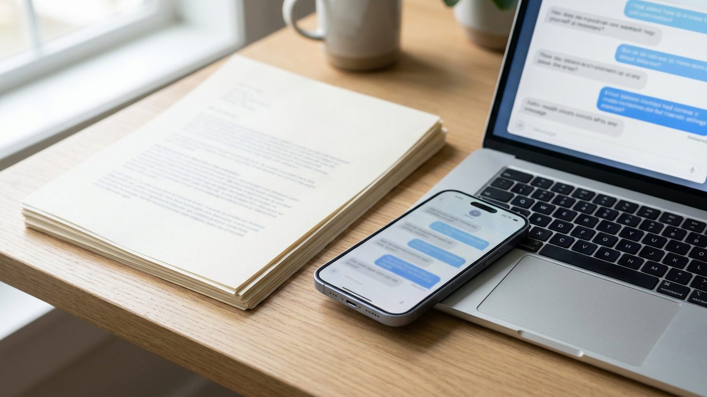 A laptop and a phone side by side on a desk, both showing a text conversation, with printed pages nearby
