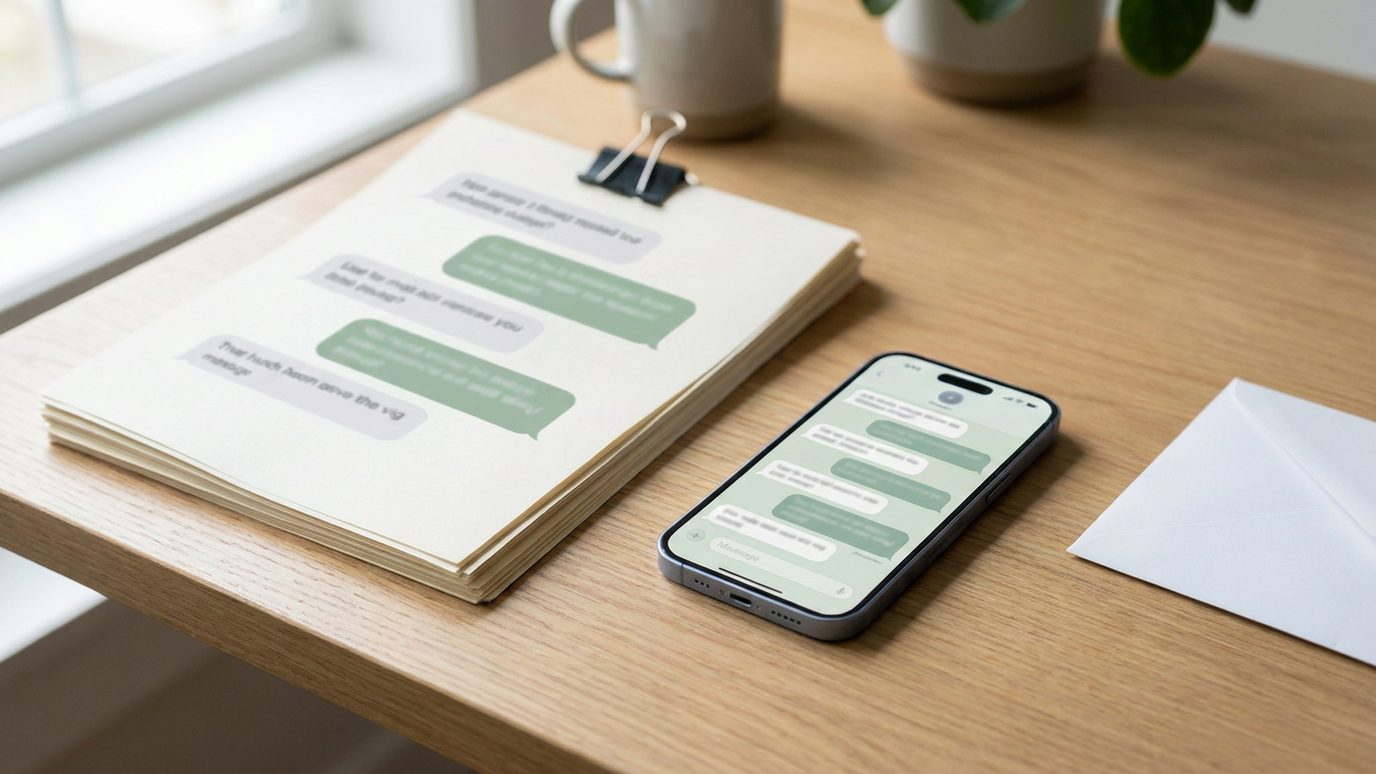 A phone showing a green-bubble chat conversation beside a printed copy of the same thread