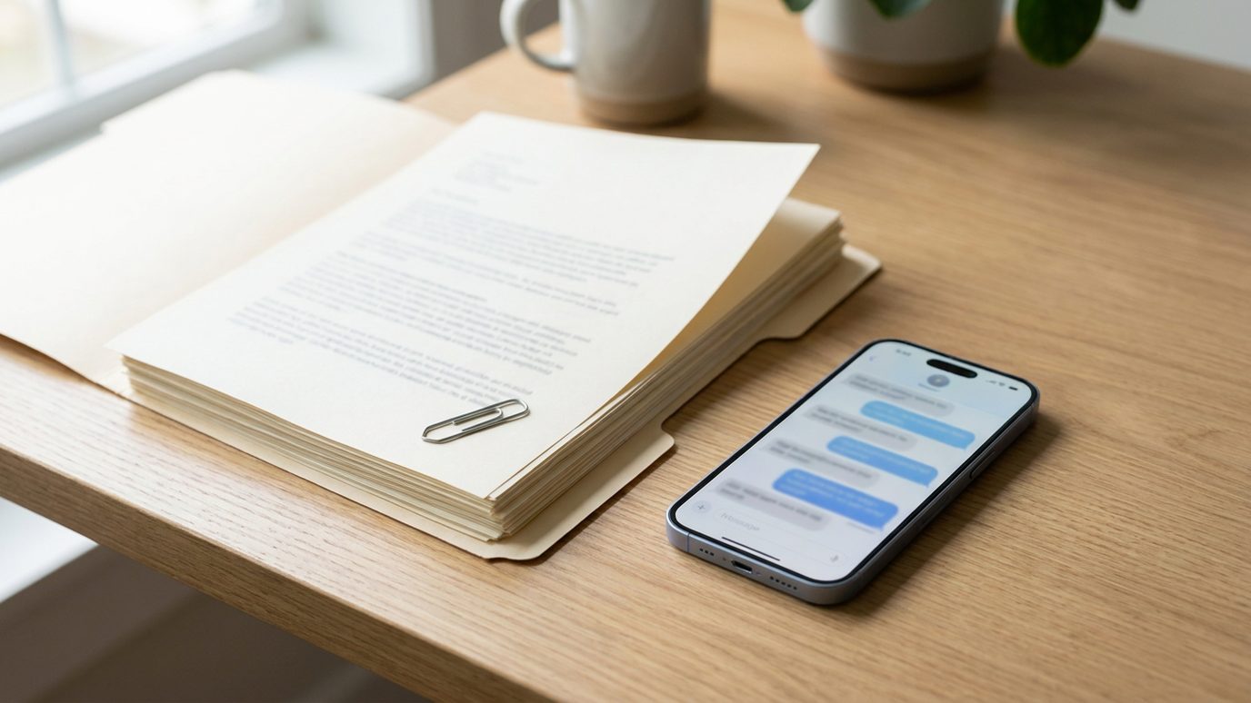 An open folder of printed message transcripts with a paper clip, next to a phone showing a text conversation