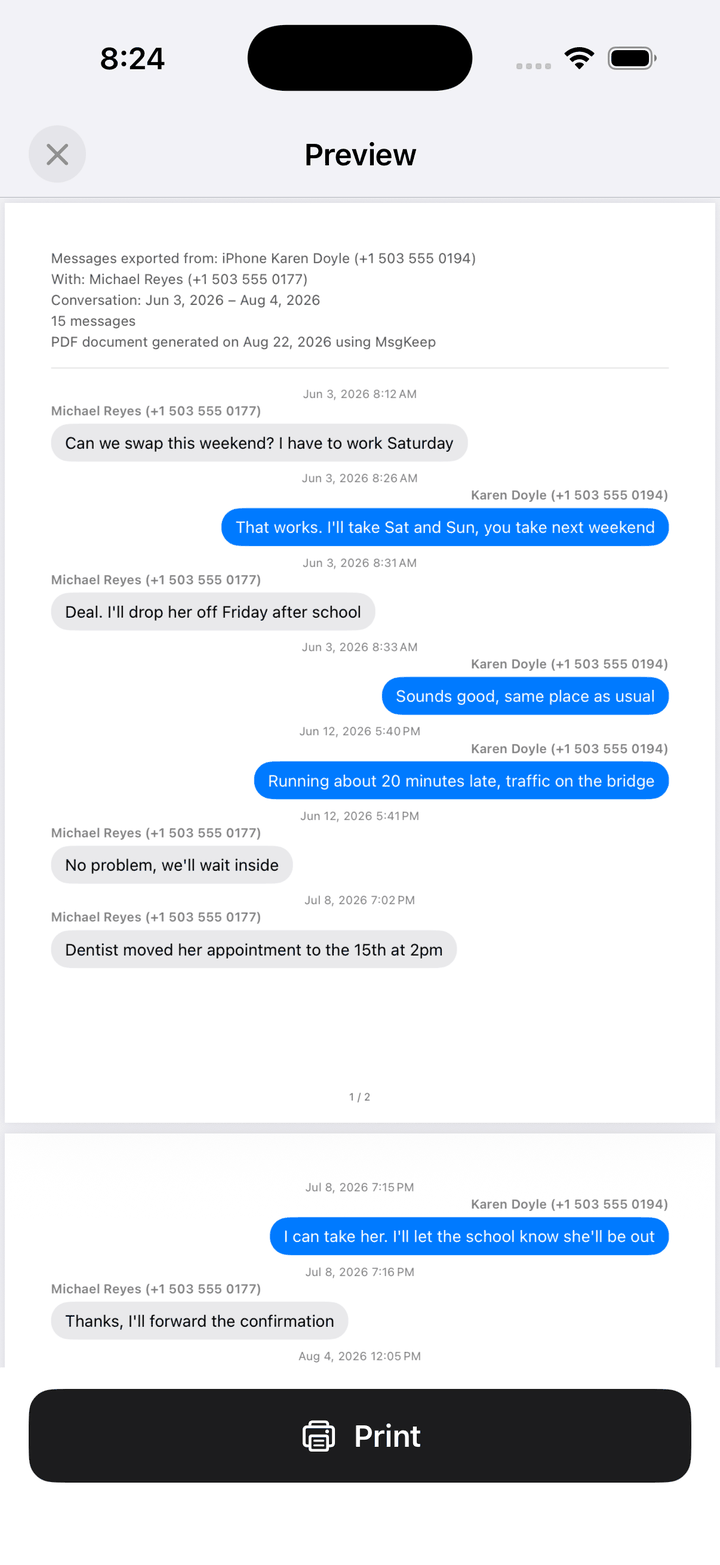 Print preview of an exported conversation, showing the header with both phone numbers, the date range and a timestamp on every message
