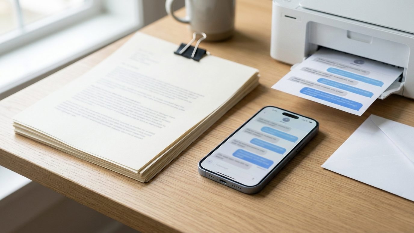 A desktop printer producing a page of printed message bubbles, with a phone showing the same conversation on screen