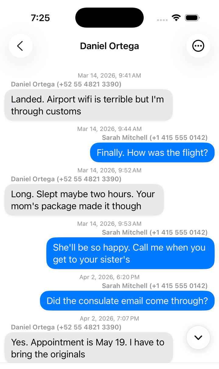 A conversation reassembled in an export app, with sender names and a timestamp above each message