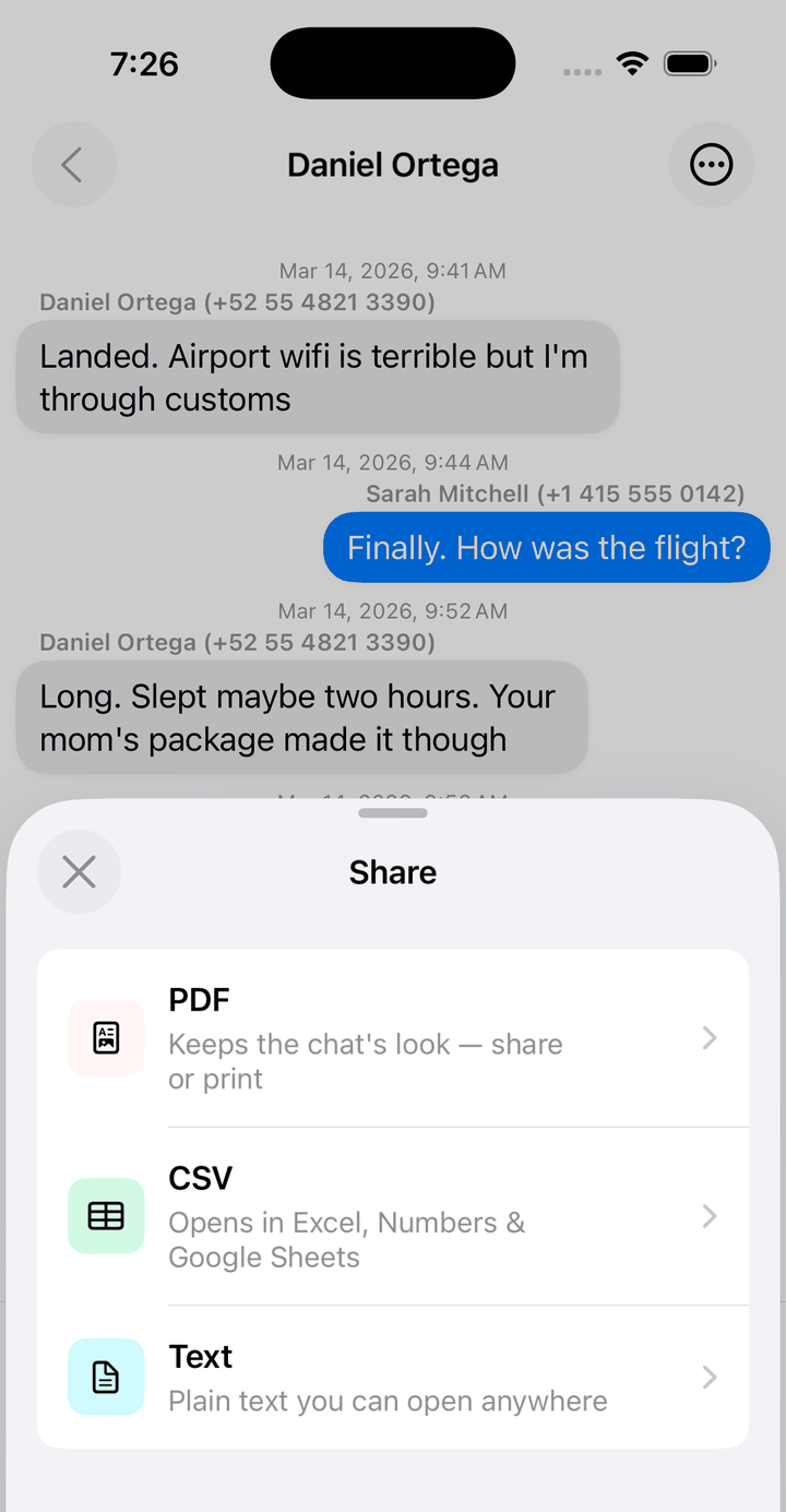 Export format options: PDF, CSV and plain text