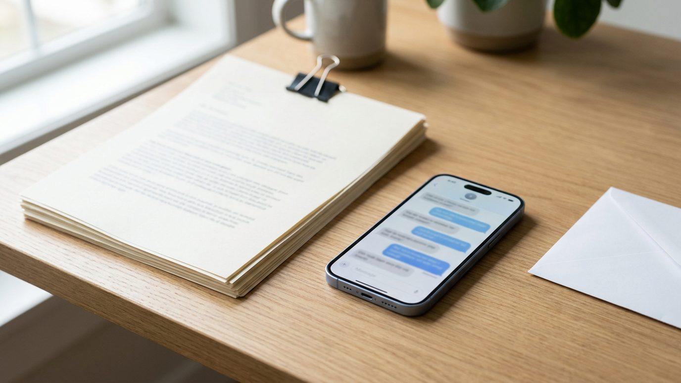 A stack of printed message transcripts held by a binder clip on a desk, beside a phone showing a text conversation and a mailing envelope