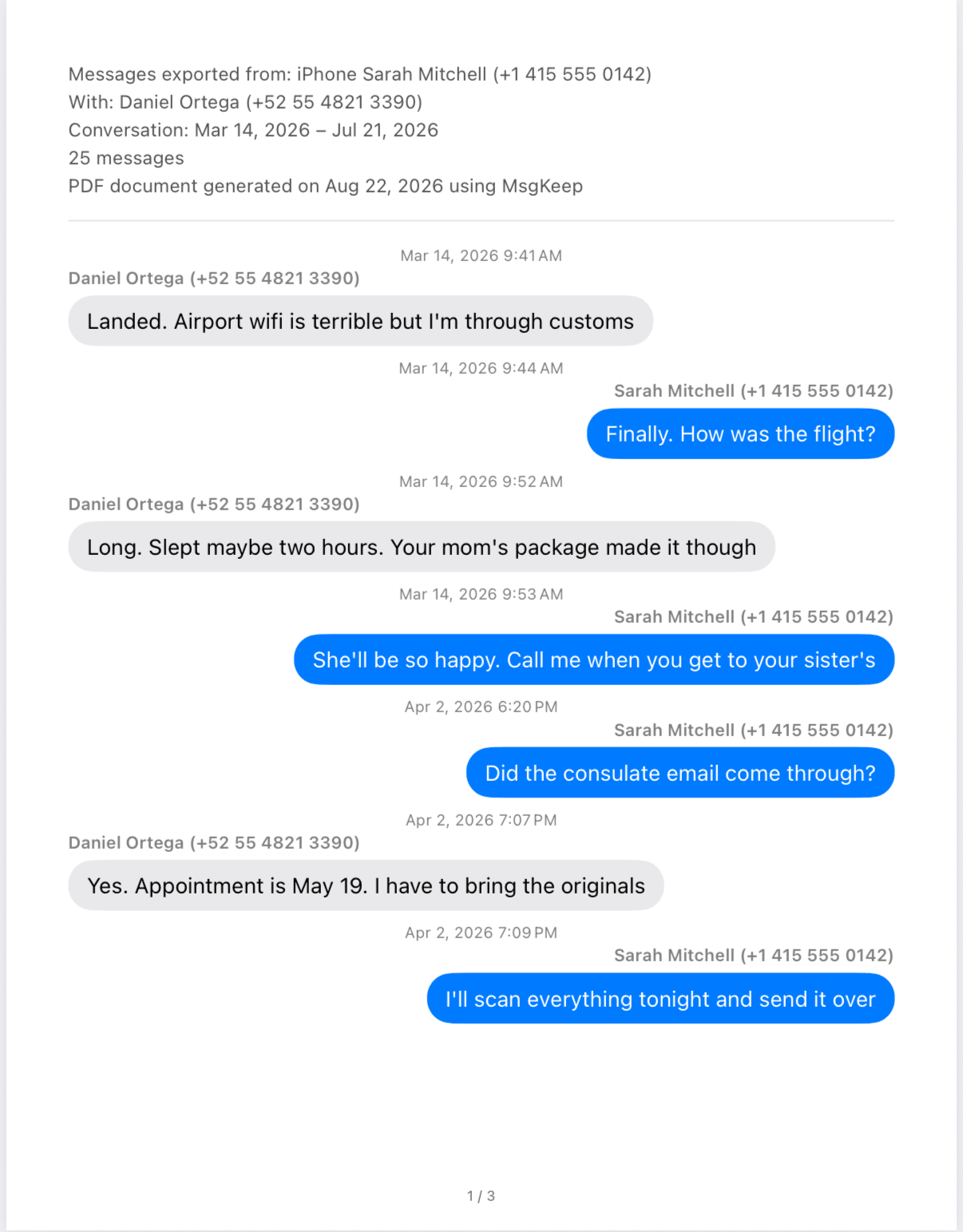 A PDF export showing the header block and two messages with sender names, phone numbers, dates and times